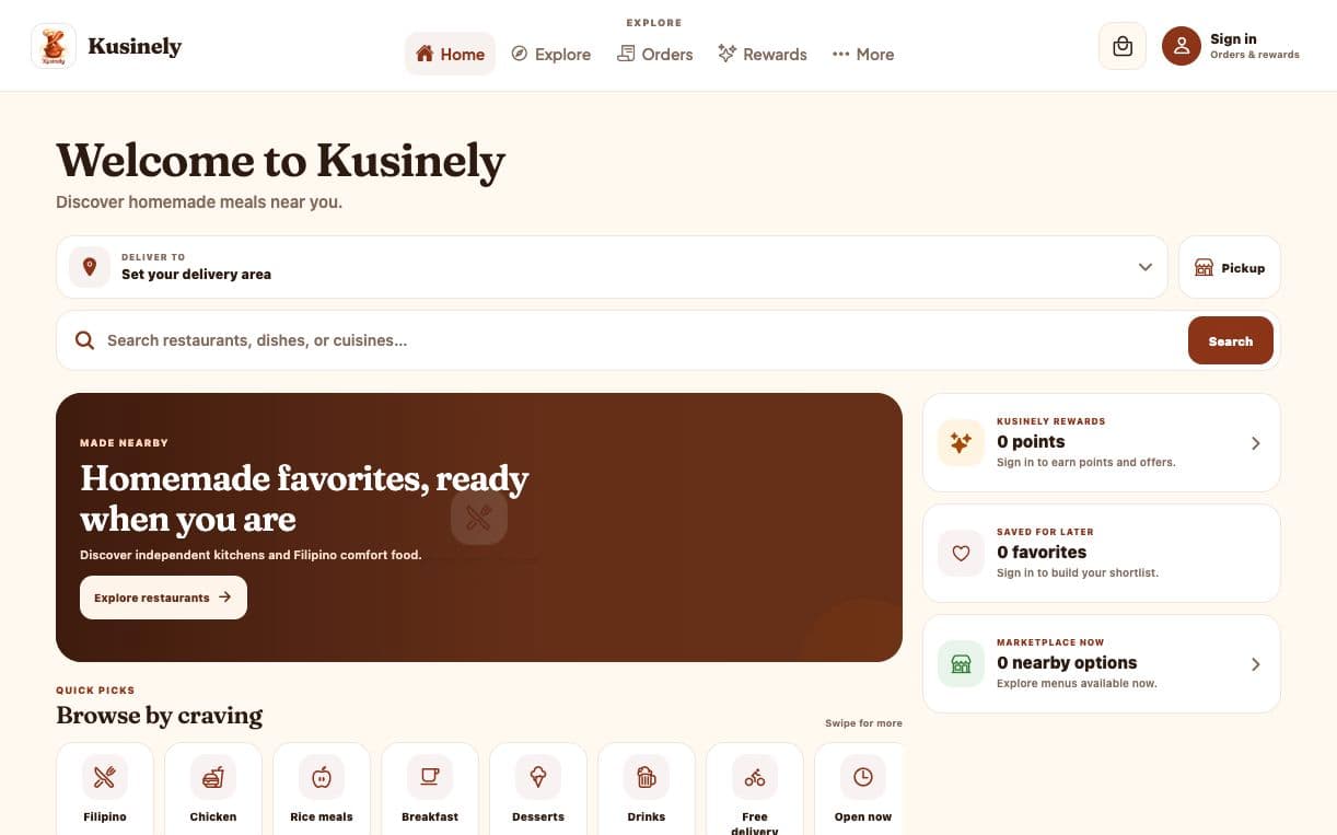 Kusinely customer marketplace showing delivery and pickup controls, restaurant search, rewards, favorites, and food categories.